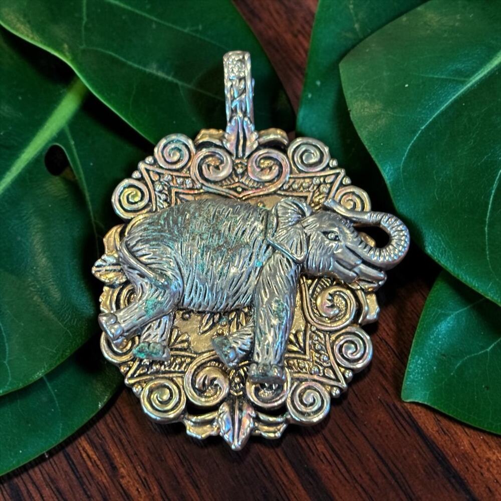 Boho Elephant Pendant Ornate Mixed Metal Tribal Statement Talisman Jewelry